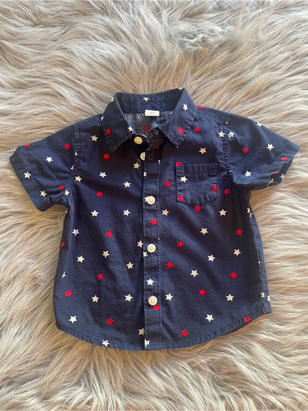 🛒6M-12M Navy Star-Pattern Short-Sleeve Button-Down Shirt